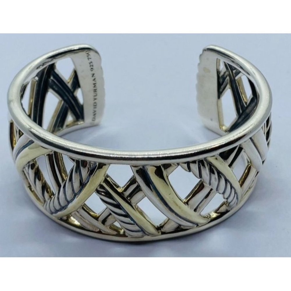 David Yurman Sterling Silver 18k Gold Papyrus Two Tone Wide Cuff Bangle Bracelet